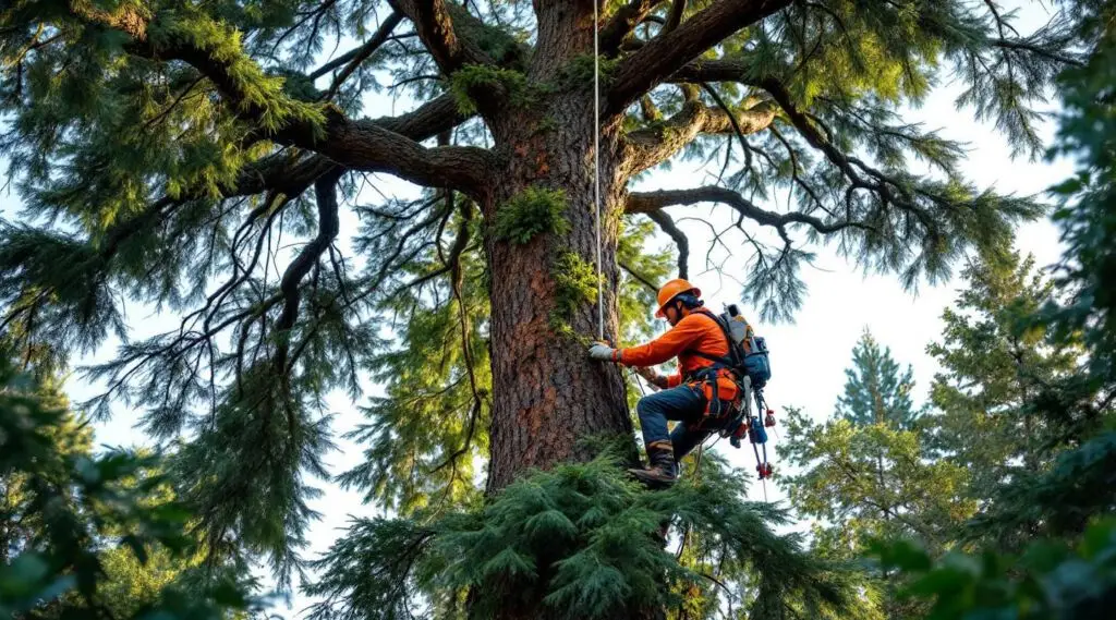 Chesapeake Tree Pro crew safely trimming a large oak tree near a residential home in Columbia using professional rigging.