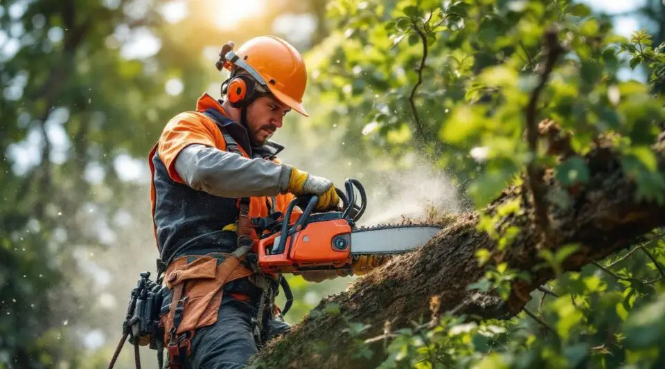 A professional arborist in high-visibility gear using a chainsaw to prune a large tree from a bucket truck.