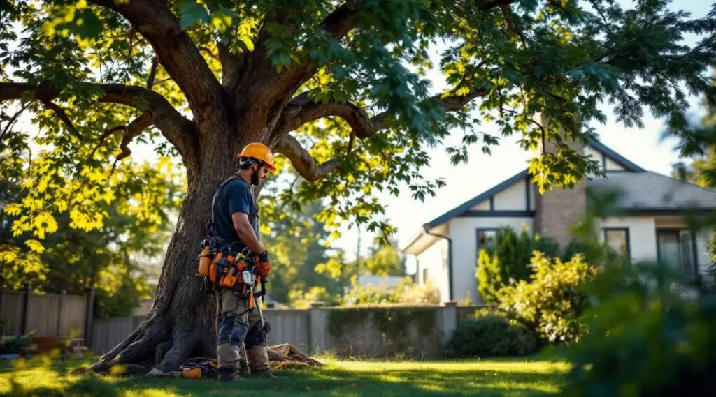 Professional arborist inspecting a large tree canopy in Vancouver during an on-site property estimate.