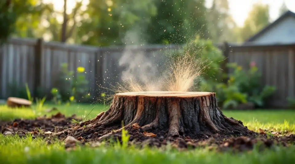 A close-up view of wood chips flying from a stump grinder as it carves into a thick tree base in an open outdoor area.