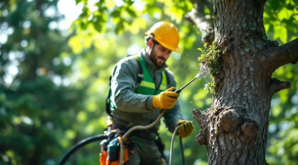 An ISA Certified Arborist inspecting a mature oak tree for pests and fungal disease in a historic Columbia neighborhood.