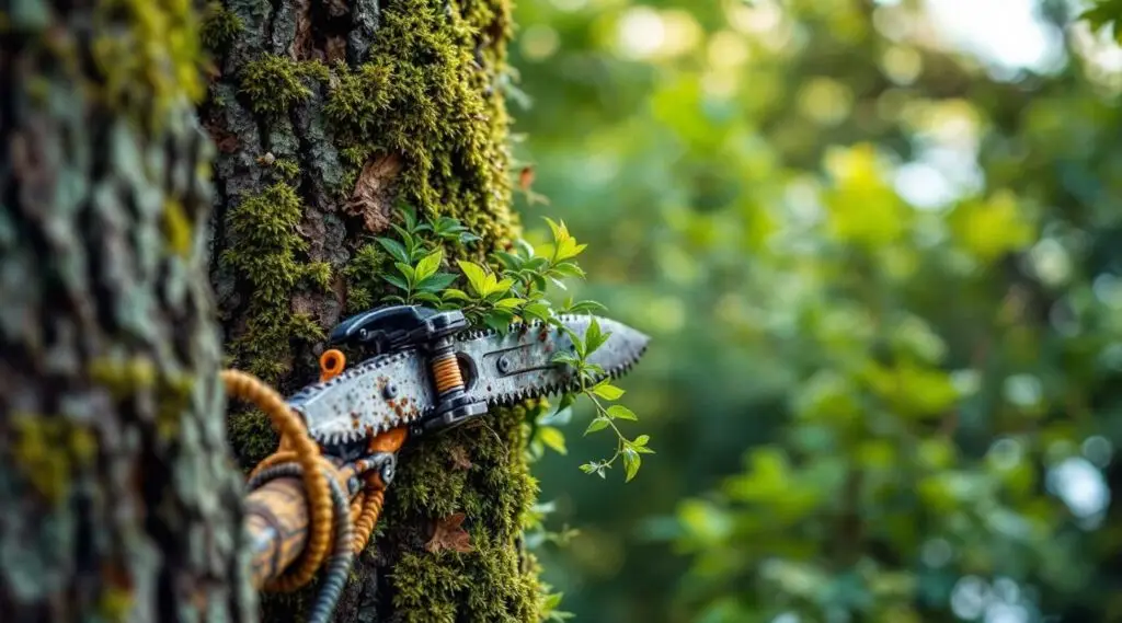 A professional arborist in safety gear pruning a mature oak tree in Columbia, with ropes and rigging in the canopy.