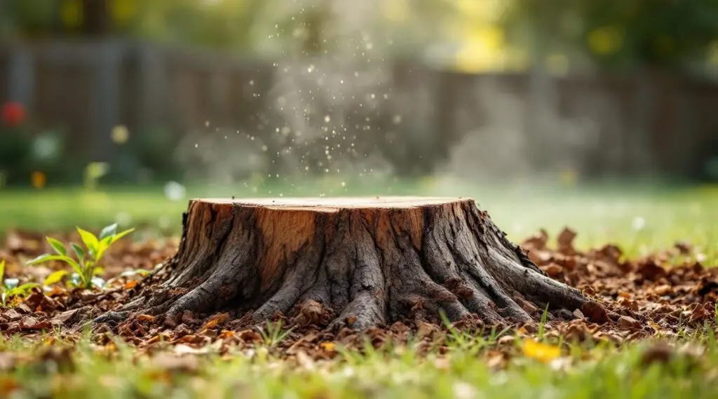 Professional stump grinder shaving down a massive oak stump in a historic Columbia yard with wood chips flying.