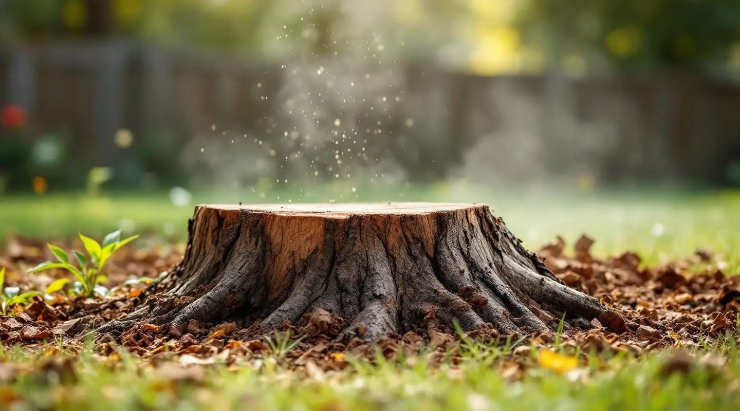 A close-up view of wood chips and mulch flying from a powerful stump grinder as it carves into a thick tree base.