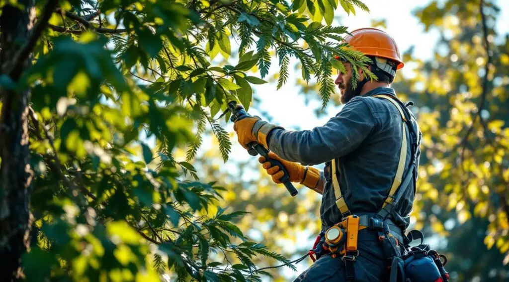 A professional arborist in safety gear trimming a mature oak tree in Columbia, using rigging ropes and a chainsaw.
