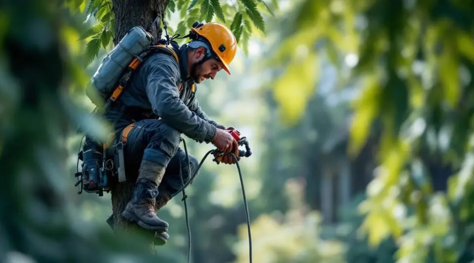 A professional tree service crew operating a bucket truck and wood chipper near a commercial parking lot.