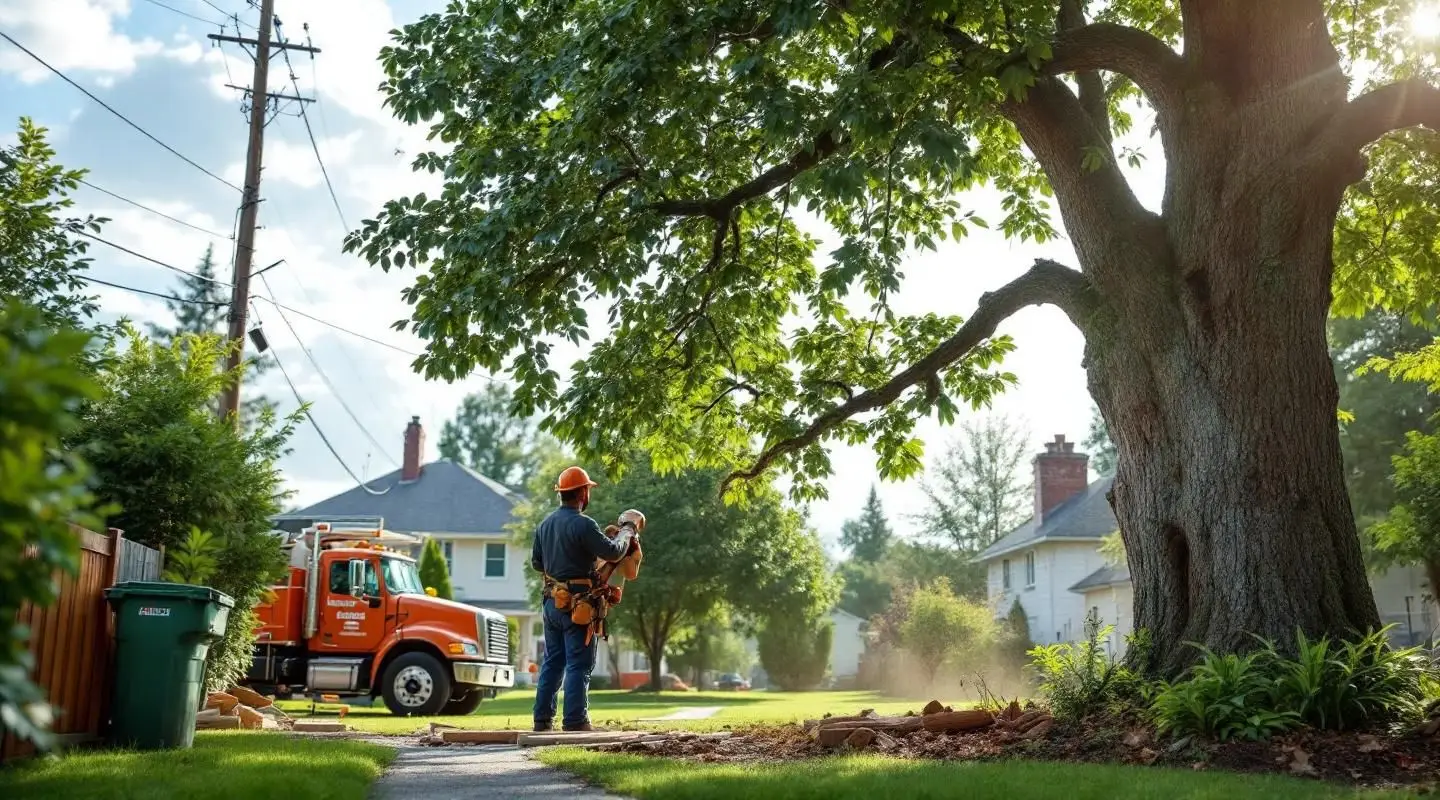 A professional tree removal crew working on a commercial lot with a large crane lifting a tree section over a wood chipper.