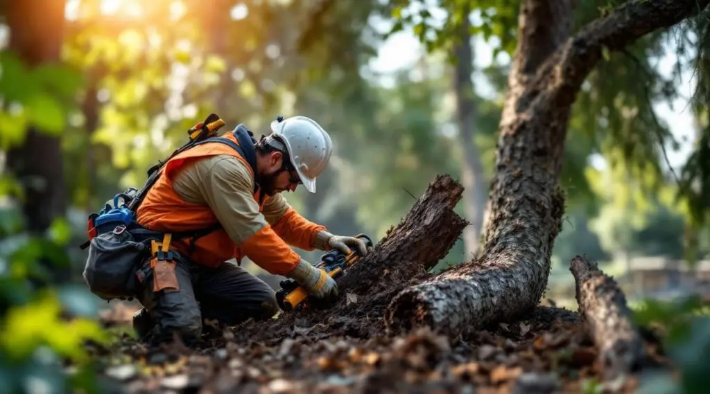 Professional tree care crew safely rigging and lowering sections of a large dead oak tree in a Columbia neighborhood.