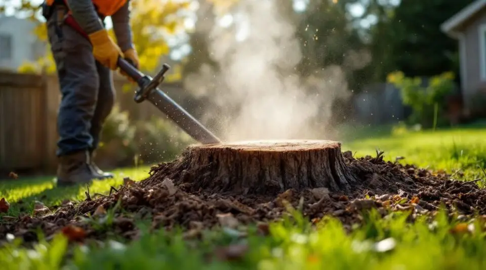 A wide-angle view of a powerful stump grinding machine throwing wood chips as it processes a large stump in an open landscape.